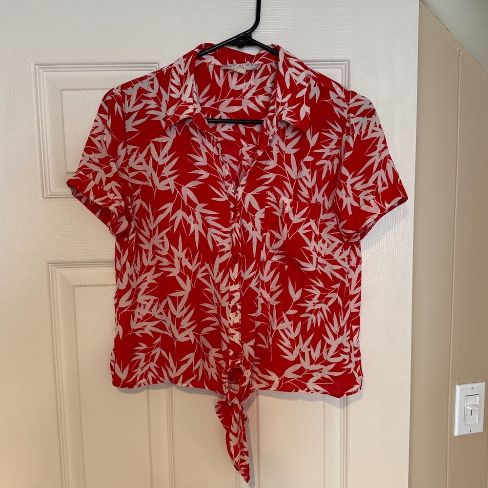 Pink Rose red and white bamboo pattern short sleeve blouse